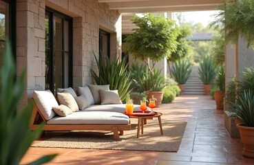 Fototapeta premium Comfortable outdoor lounge area with modern sofa, table set for drinks. Rich green plants surround seating space. Stone patio area features relaxing summer vibe, cozy atmosphere for leisure time.