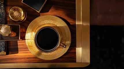 Fototapeta premium Top-down shot of a luxurious desk with a gold-trimmed coffee mug. 