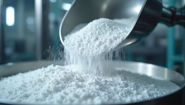 High purity white granular lithium carbonate powder falls from metal scoop into vat. Crucial raw chemical mineral processed in industrial setting, vital for clean energy material production, modern