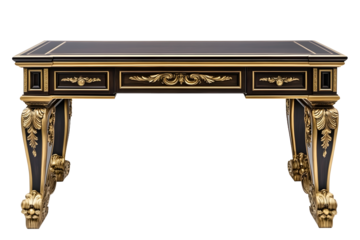 modern dark brown and gold wooden study desk bookshelf with elegant carving isolated on white background with clipping path