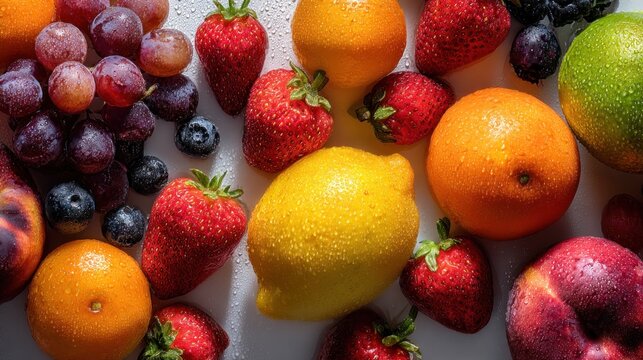 Exuberant display of fresh vibrant fruits with water droplets on clean surface