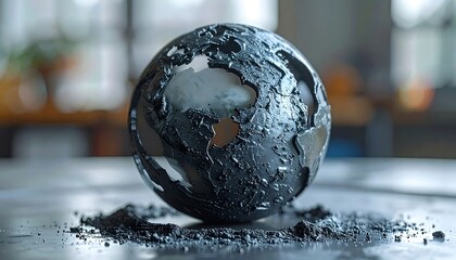 A distressed globe, sculpted from dark material, rests on a metallic surface, with scattered debris at its base, hinting at fragility