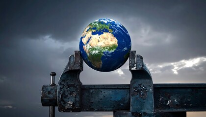 A distressed globe sits squeezed in a metal vise, under a threatening, stormy sky. Conceptual imagery of pressure
