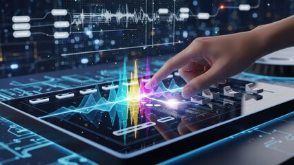 AI music composition concept, hand adjusting sound waves on digital mixer, representing audio technology, algorithmic creativity, and sound engineering.