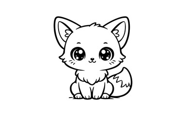 Obraz premium Cute cartoon fox with big eyes in black and white outline art style