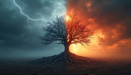 Tree split by light and dark sides. Stormy sky with lightning on one side fiery red clouds on other. Strong roots anchor tree in ground. Represents life duality.