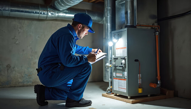 Young male technician in uniform checks furnace in basement. Kneels down, uses flashlight, writes notes on clipboard. Pro performs HVAC system service inspection, ensuring home heating works