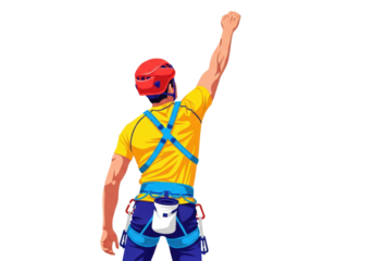 athletic male alpinist in bright yellow shirt and blue harness, reaching high in a dynamic upward pose, flat vector illustration emphasizing extreme sports achievement concept