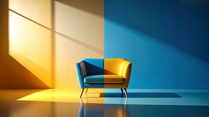 Color blocking interior. Blue yellow split room. Two tone armchair. Window shadow play. Geometric minimalism. Furniture design. Conceptual architecture. Duo tone palette. Studio lighting. Design idea 