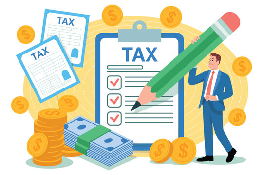 A cartoon businessman prepares to fill out a tax form with a large pencil surrounded by money and coins.
