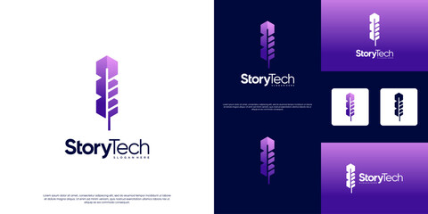 Feather pen logo with a modern technology concept, digital notes, stories, publishers, graphic vector illustrations.