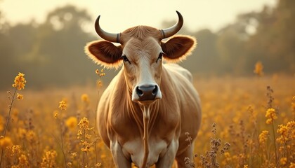 An illustration depicts a cow standing in a field of yellow flowers. The animal is in focus. A soft background includes trees. It has a vintage look.