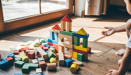 Child Building Colorful Wooden Block Castle