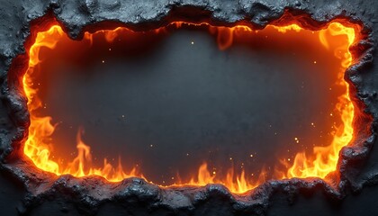 Fiery frame illustration blazing flames around torn edges. Graphic design element provides realistic scorching effect. Hot border suits banners, posters, ads about danger, warning, destruction