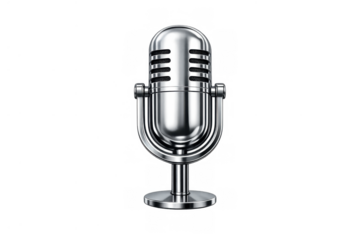 Retro chrome broadcast microphone generating audio waves, standing on a transparent background for podcasting and recording sound