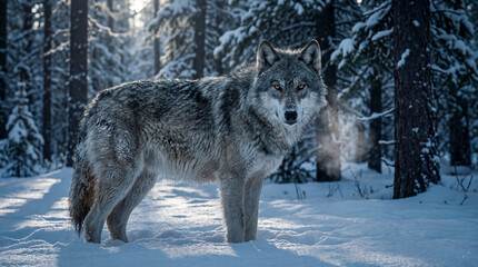 Fototapeta premium Grey Wolf in Snowy Forest Wilderness