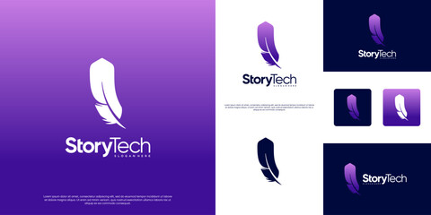 Digital feather pen logo with a futuristic technology concept, consulting services, minimalist style, vector design illustration.