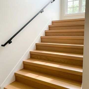 Modern wooden staircase featuring a black metal handrail on a white wall