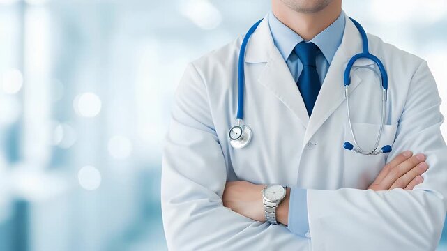 A confident doctor in a white coat with a stethoscope around his neck and a watch on his arm, exuding professionalism and trustworthiness in a modern medical setting.