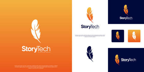 Education logo with a classic quill pen concept, digital tech services, vector graphic illustration.