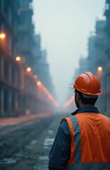 Obraz premium Construction worker stands alone in vast industrial area. Man in safety vest and helmet faces an empty street. Solitary figure against a foggy backdrop. Work safety concept.