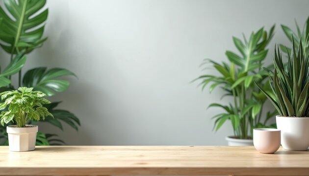 Clean wooden table with fresh green plants in white pots stands against soft grey wall. The photo creates a calming workspace or home office background. Interior design with copy space