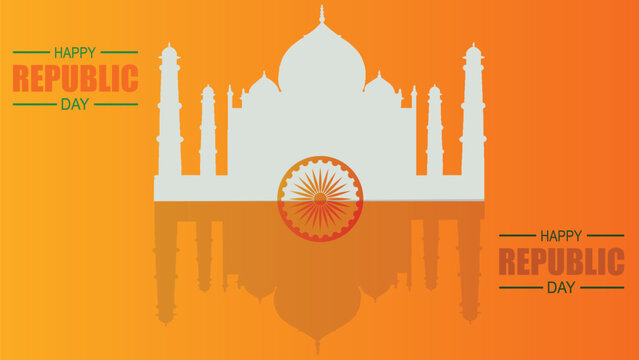 Happy Republic Day greeting card with white Taj Mahal silhouette and Ashoka Chakra on an orange gradient background.