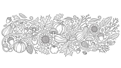 Autumn leaves and harvest fruit illustration.