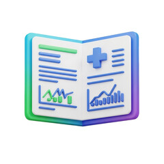 Glossy medical report: 3d rendering of an open book with health data, charts, and a viintimate apparelnt gradient border, conveying medical information and analysis.