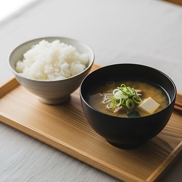 Warm morning light illuminates a rustic wooden tray holding japanese breakfast
