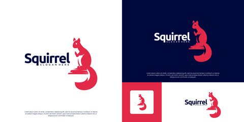 Red squirrel sitting logo, wild animal symbol, environmental balance, cute style, vector design template.