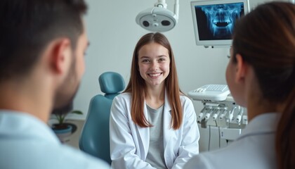 Obraz premium Young patient smiles during dental appointment consultation. Dentist explains wisdom teeth extraction, showing xray. Discussing oral health care in clinic.