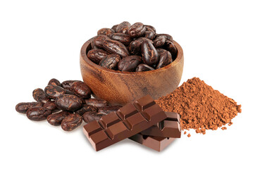 Composition featuring roasted cocoa beans in a wooden bowl, organic cocoa powder, and dark chocolate bars. Isolated on white for gourmet food branding and culinary concepts.