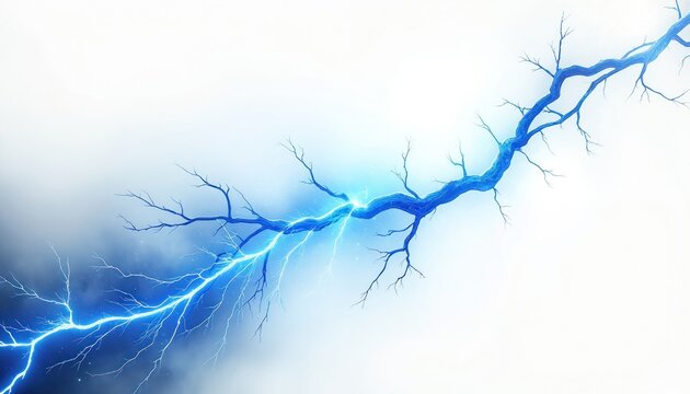 Bright electric blue lightning bolt crackles like a branching tree. Abstract energy stream pulses with power on a white background. Dynamic light bursts with raw force and motion.