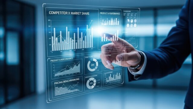 Closeup Businessman Hand analyzing competitor data on virtual dashboard, representing market research, benchmarking, business intelligence, and strategic analysis.