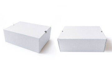 Two views of clean, white cardboard boxes on a white background. These professional mockups are ideal for footwear packaging design, e-commerce product display, and branding presentations