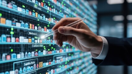 Closeup Businessman Hand organizing digital inventory shelves, representing stock management, warehouse control, e-commerce supply, and logistics.