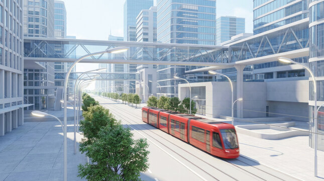 Modern red tram gliding along rails through a clean, tree-lined business district with glass skyscrapers, pedestrian skywalks and sunny blue sky, symbolizing efficient urban transit