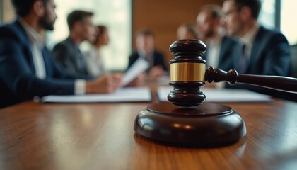 Obraz premium Gavel rests on a wooden table in a courtroom. Team of lawyers discuss documents. Law and justice concept. Legal professionals work on legal case. Advocates debate law. Court session is in progress.