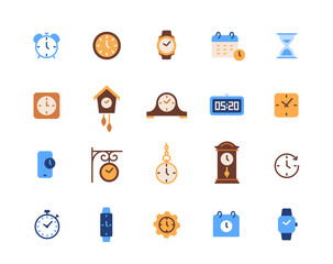 Time icons set. Simple signs with timer, clock, alarm, stopwatch, hourglass, wristwatch and digital clock. Design elements for website. Flat vector illustration collection isolated on background