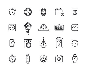 Time line icons set. Simple symbols with timer, clock, alarm, stopwatch, hourglass, wristwatch and digital clock. Editable stroke. Outline vector illustration collection isolated on background