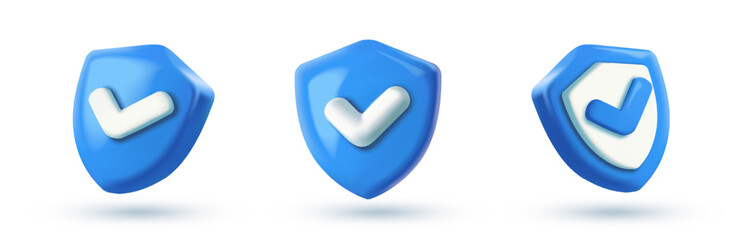 3D shield icon with check mark. Sign or symbol representing protection, security, approval, and safety. Realistic plasticine style vector illustration collection isolated on background
