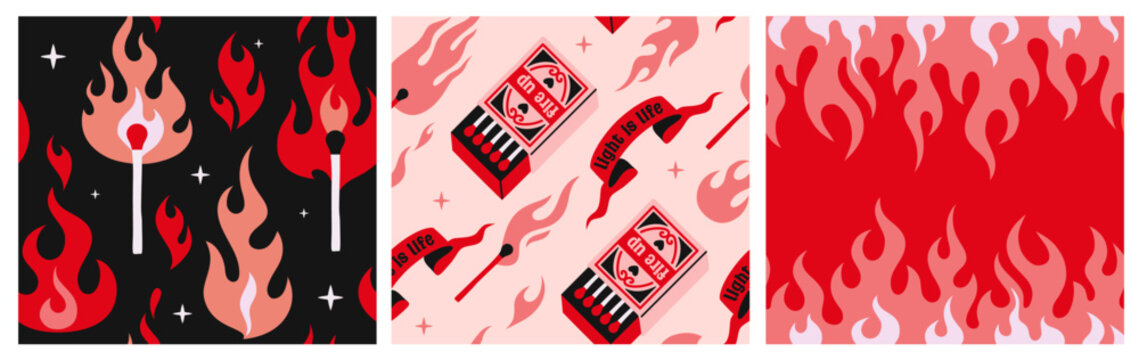 Set of flame seamless patterns. Repeating ornaments with fire, matches and burning flames. Design elements for textiles and printing. Flat vector illustration collection isolated on background