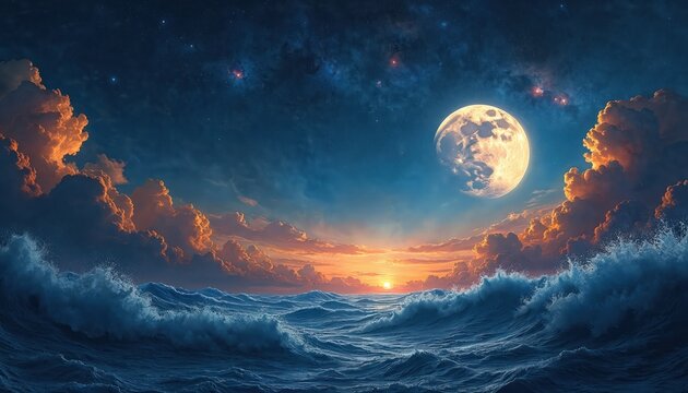 Majestic moonscape over ocean at twilight features massive full moon, clouds. Starry sky, dark sea waves illuminated by moonlight. Romantic night scene evokes peacefulness, calm, tranquility, wonder.