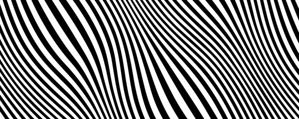 Black and white abstract background. Waves shape decoration. Optical illusion stripes style. Modern graphic design element with distorted lines concept for web, poster, flyer, card cover, or brochure
