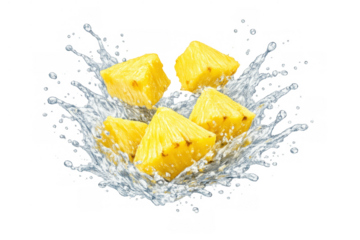 Pineapple chunks splashing into clear water, creating a refreshing impact with drops and ripples on transparent background