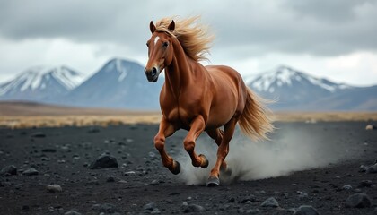 Brown icelandic horse runs fast on dark volcanic ground. Mighty animal with flowing mane moves across rugged terrain near snowy mountains. Wild beauty in nature.