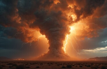 Fototapeta premium Epic tornado touches down in desert with lightning. Dust, clouds swirl under orange sky. Destruction concept shows power of nature. Danger of warming environmental concerns highlighted. Perfect for