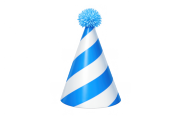 Blue and white striped party hat with pom-pom on top celebrating birthday events and festive occasions