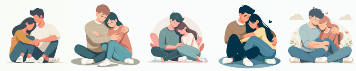 Obraz premium Minimalist Flat Illustration Loving Couple Cuddling Together Romantic Relationship Moment